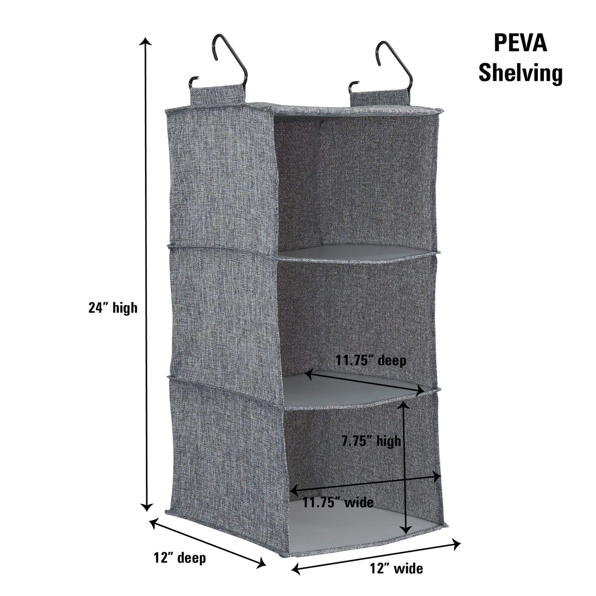 Household Essentials 3‑Shelf Hanging Closet Organizer with Hooks in Poly Linen and PEVA Shelving