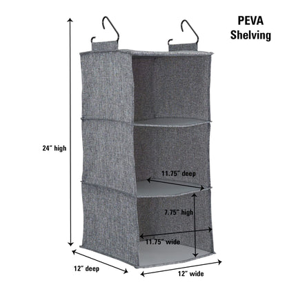 Household Essentials 3‑Shelf Hanging Closet Organizer with Hooks in Poly Linen and PEVA Shelving