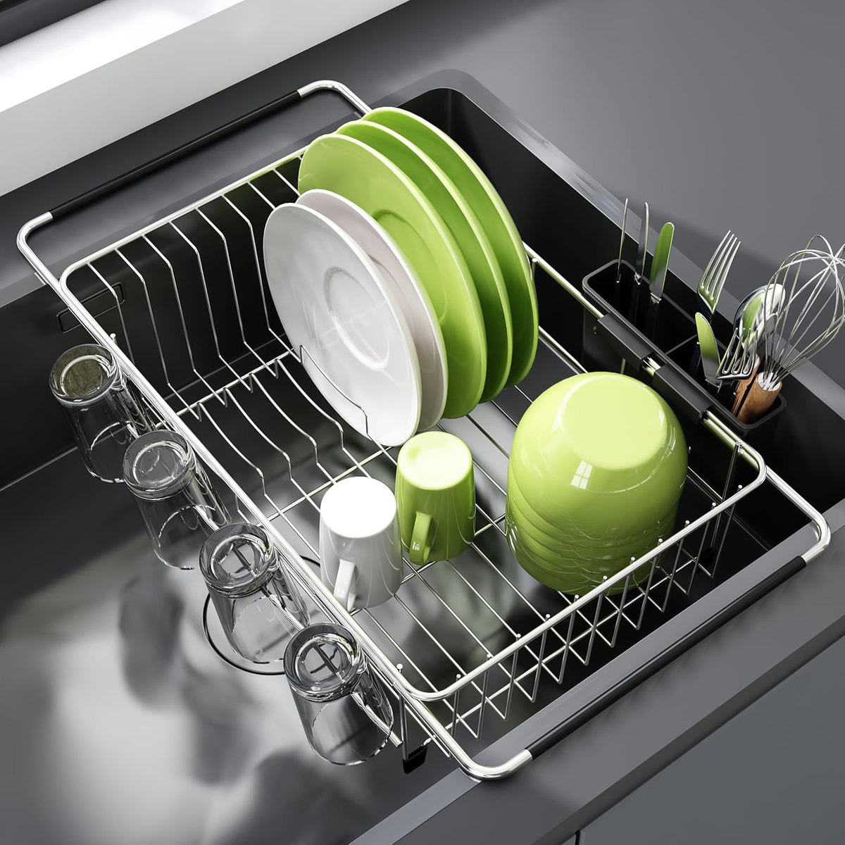 Dish Drying Rack in Sink, Expandable Stainless Steel Dish Drainers for Kitchen Counter, Dish Dryer