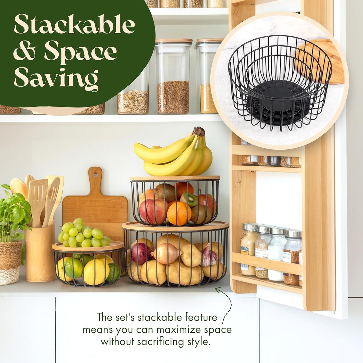 Fruit Basket for Kitchen Counter Set of 3 - Large Stackable Baskets with Bamboo Lid - Perfect