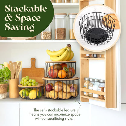 Fruit Basket for Kitchen Counter Set of 3 - Large Stackable Baskets with Bamboo Lid - Perfect