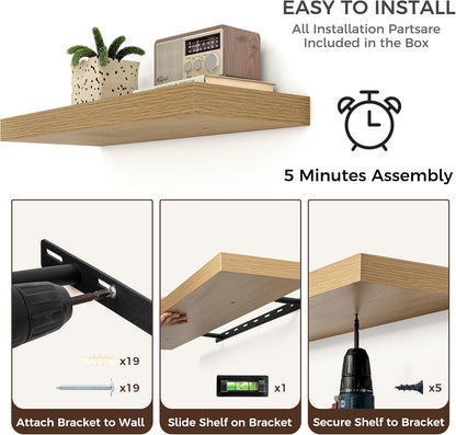 Floating Shelves for Wall, 2 Large Wall Mounted Shelves with Invisible Brackets, Long Wood Floating