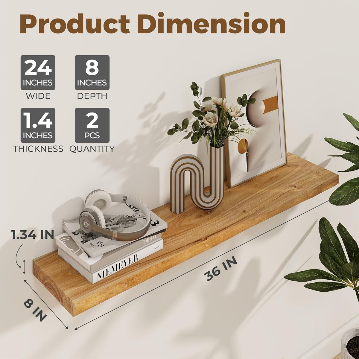 Axeman 36 inch Floating Shelves for Wall - 8'' D Live Edge Rustic Solid Elm Wood Floating Shelves