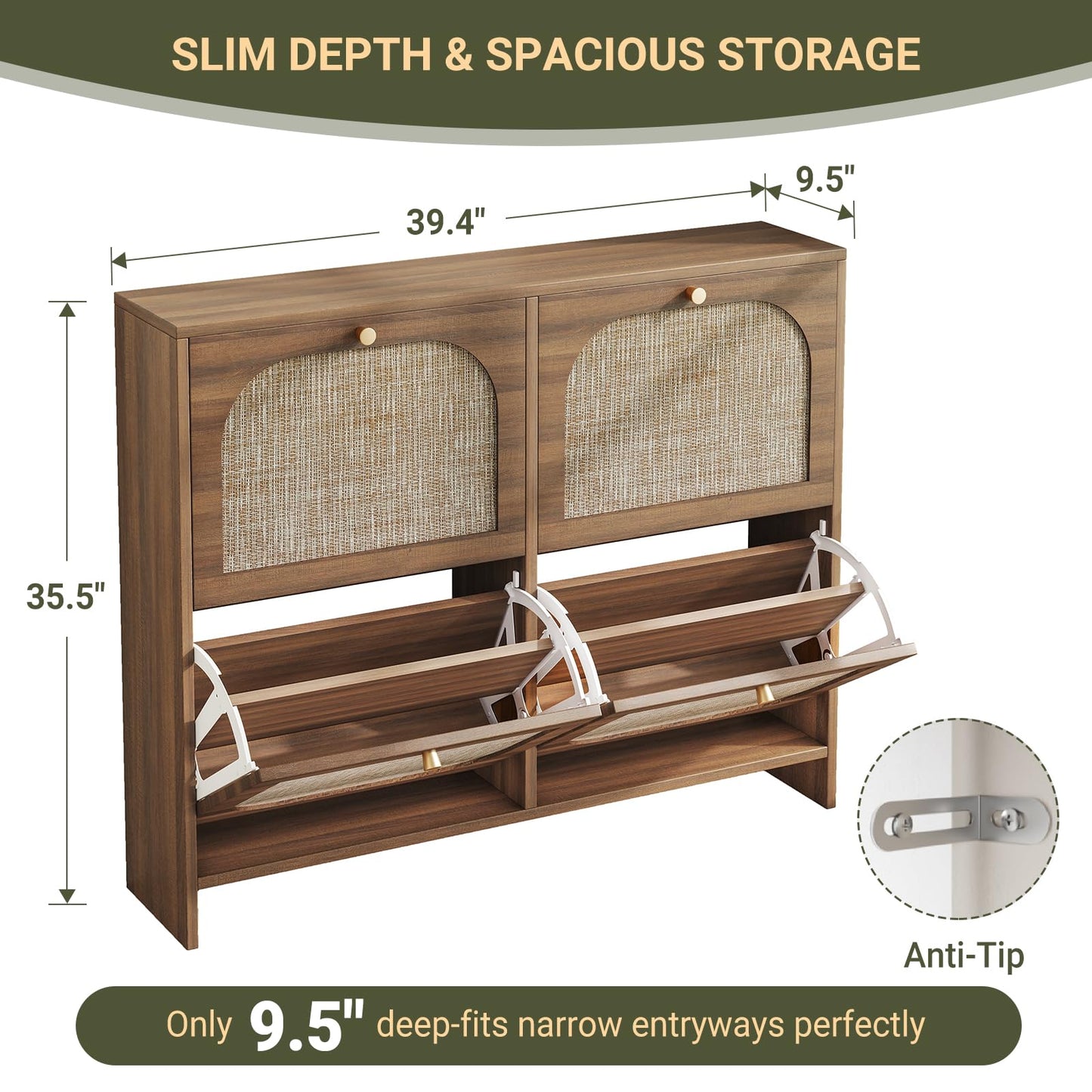 Nicetree Freestanding Ultra Slim Arched Accent Entryway Shoe Storage - 4 Flip Drawers & 3-Tier