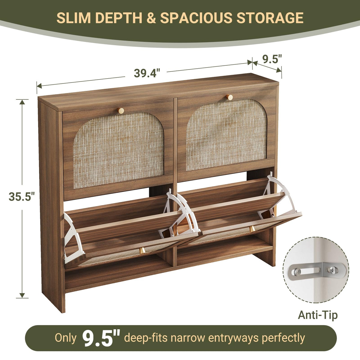 Nicetree Freestanding Ultra Slim Fluted Accent Shoe Storage Cabinet for Entryway - 4 Flip Drawers &