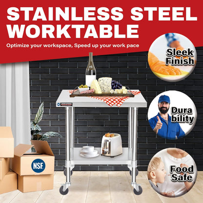 DuraSteel 24x30 NSF Stainless Steel Cart Work Table - Heavy Duty Rolling Food Prep Table Countertop