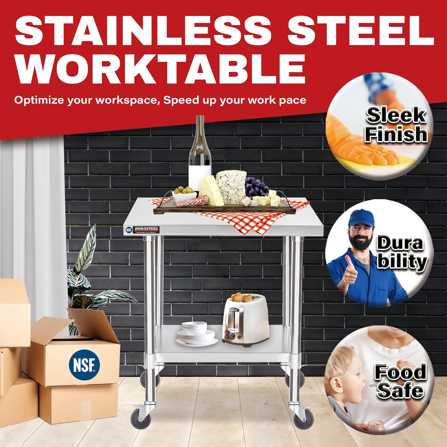 DuraSteel 30x24 NSF Stainless Steel Cart Work Table - Heavy Duty Rolling Food Prep Table - Metal