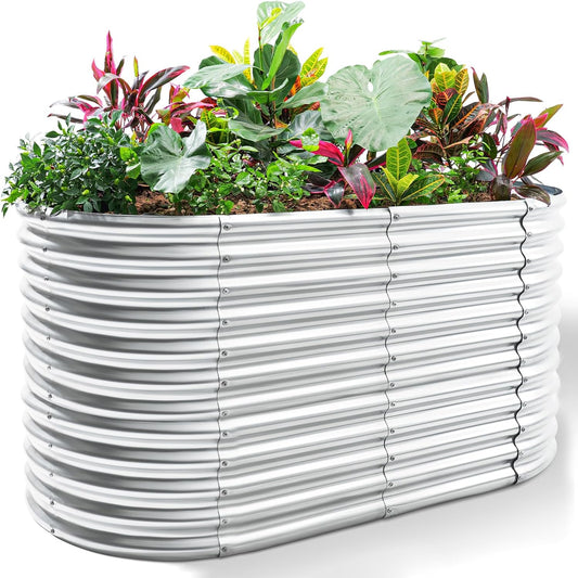 Land Guard 8x4x3ft Oval Galvanized Raised Garden Beds, Large-Capacity Metal Planter Box Outdoor