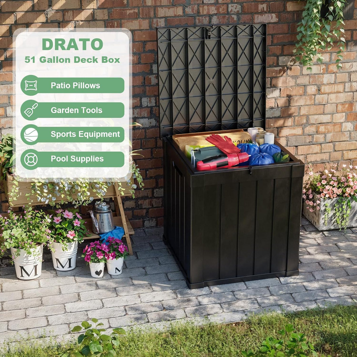 DRATO 50 Gallon Deck Box, Outdoor Storage Box for Patio Cushion, Sports Equipment, Garden