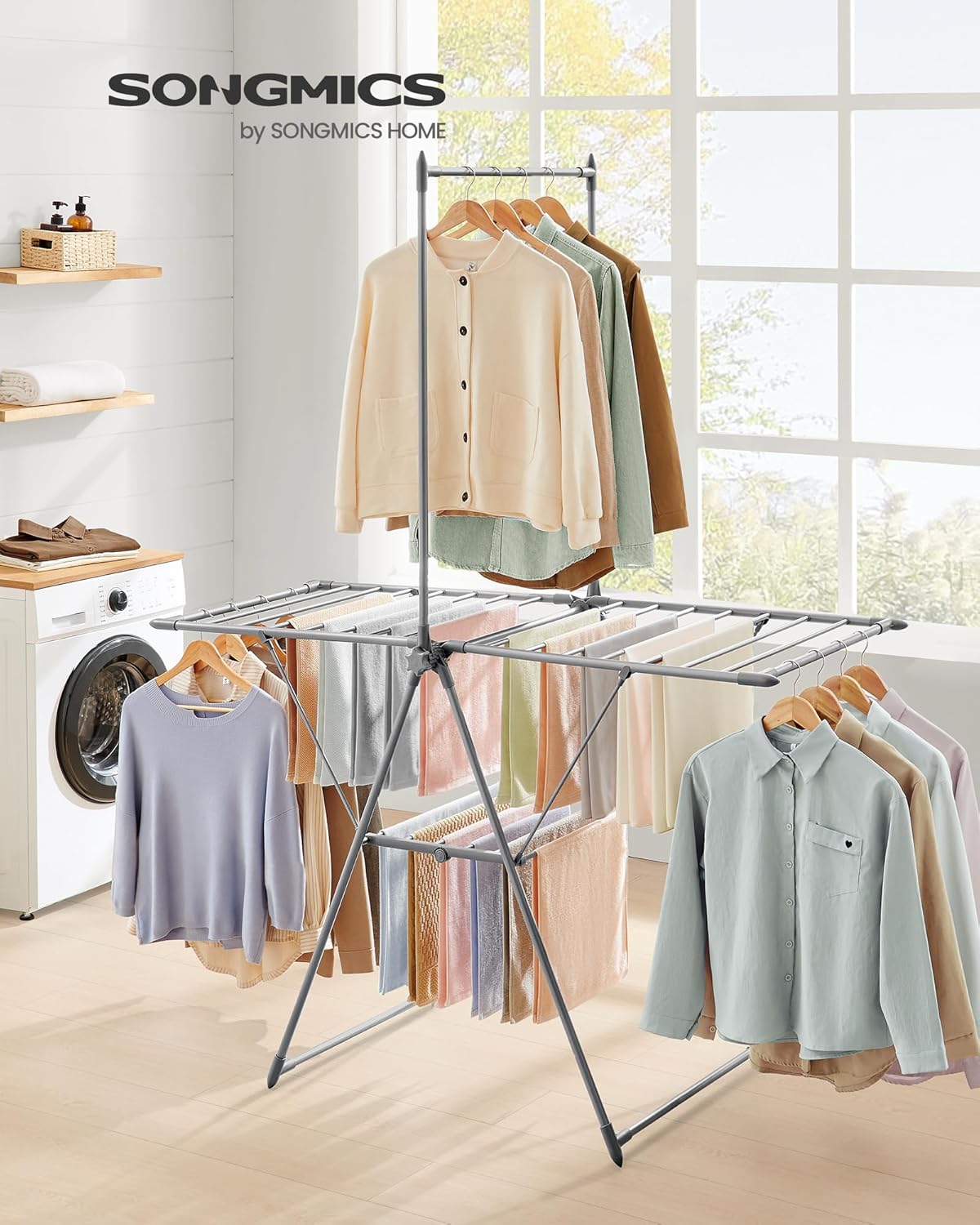 SONGMICS Clothes Drying Rack, Foldable 2-Level Laundry Drying Rack, Free-Standing Airer, 1