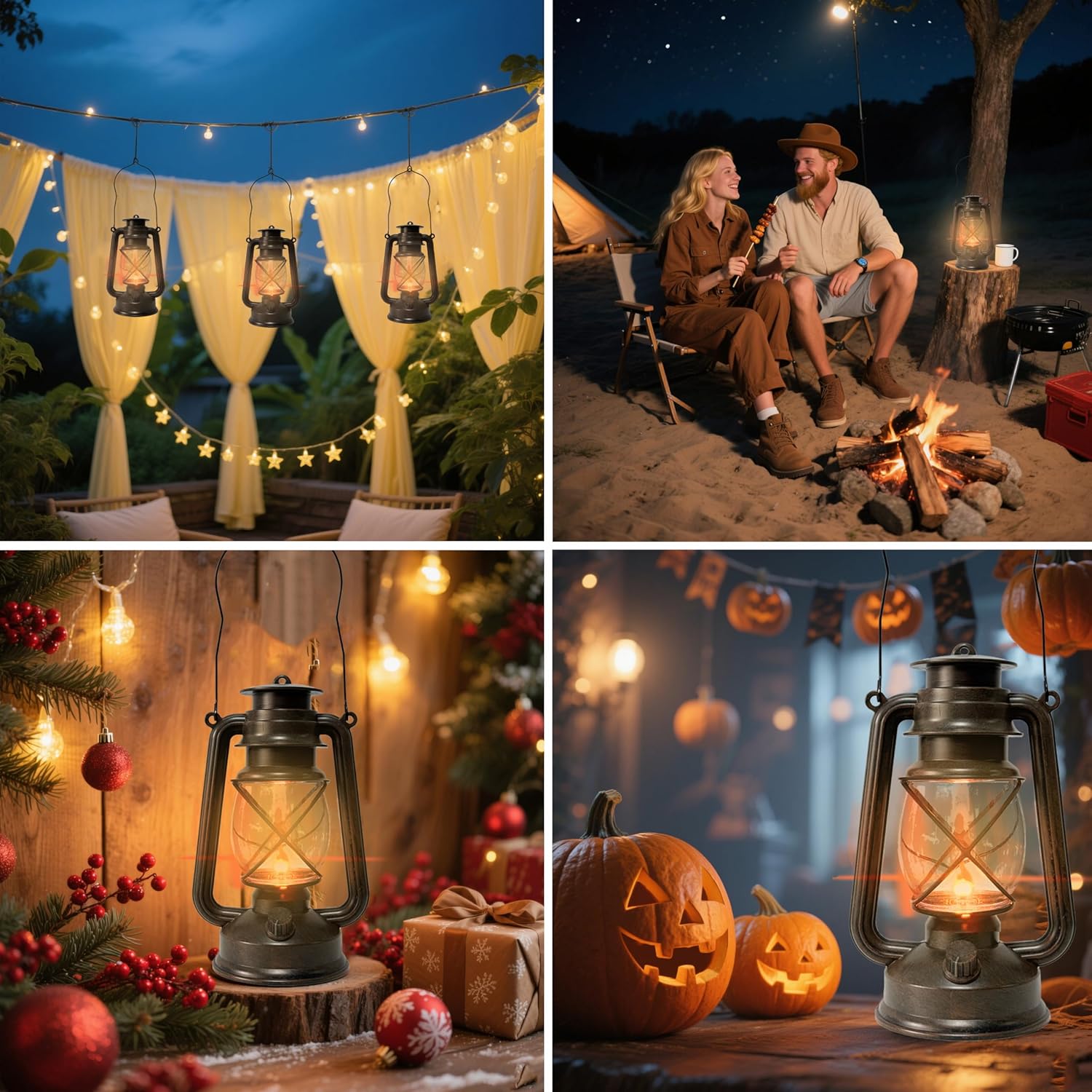 Vintage LED Outdoor Lantern Battery Powered Lanterns with Flame Wick Waterproof Camping Lamp