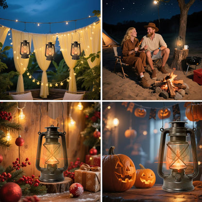 Vintage LED Outdoor Lantern Battery Powered Lanterns with Flame Wick Waterproof Camping Lamp