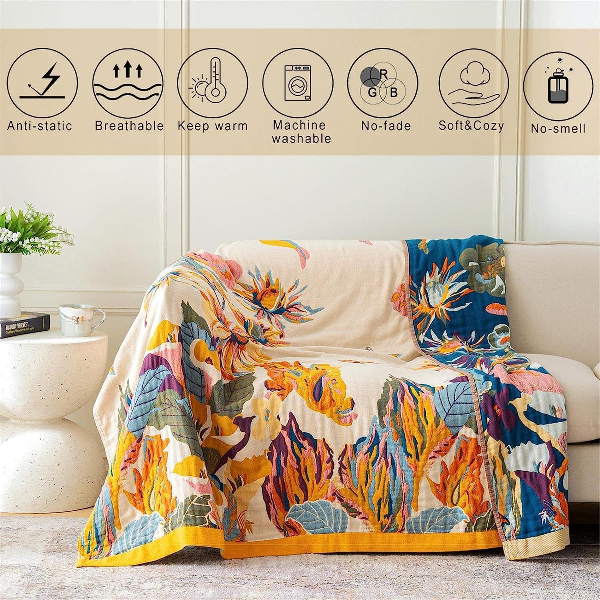 100% Cotton Throw Blanket for Bed Couch Summer 98''x 98'' Super Soft Muslin Blankets Warm Boho
