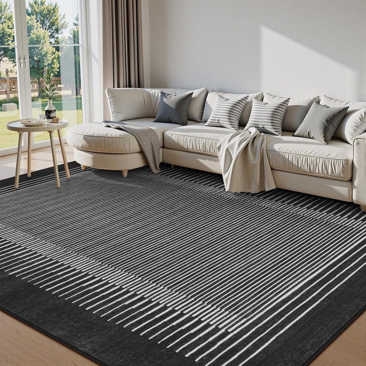 Wonnitar Striped Black Area Rugs 9x12 Living Room, Non-Slip Soft Berber Stripe Bedroom Rug, Low