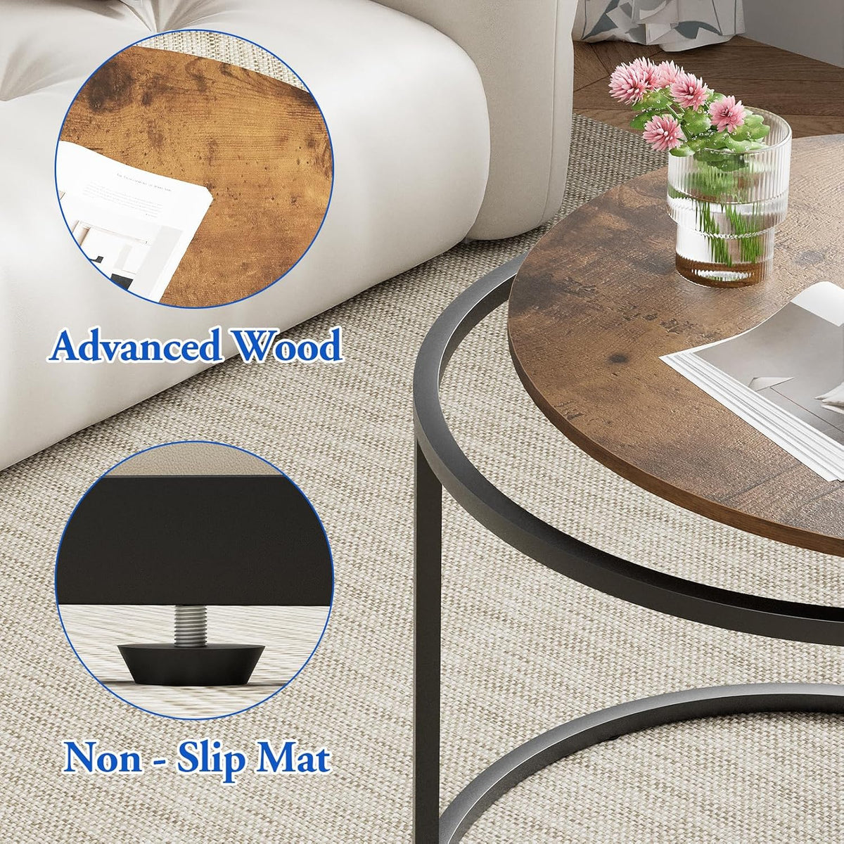 aboxoo Coffee Table Nesting Round Table Set of 2 Side Table with Sturdy Metal Frame for Living Room