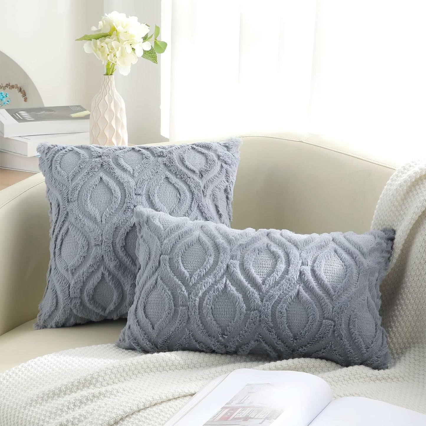 decorUhome Fall Throw Pillow Covers 12x20 Inch Set of 2, Soft Plush Decorative Faux Fur Blue Grey