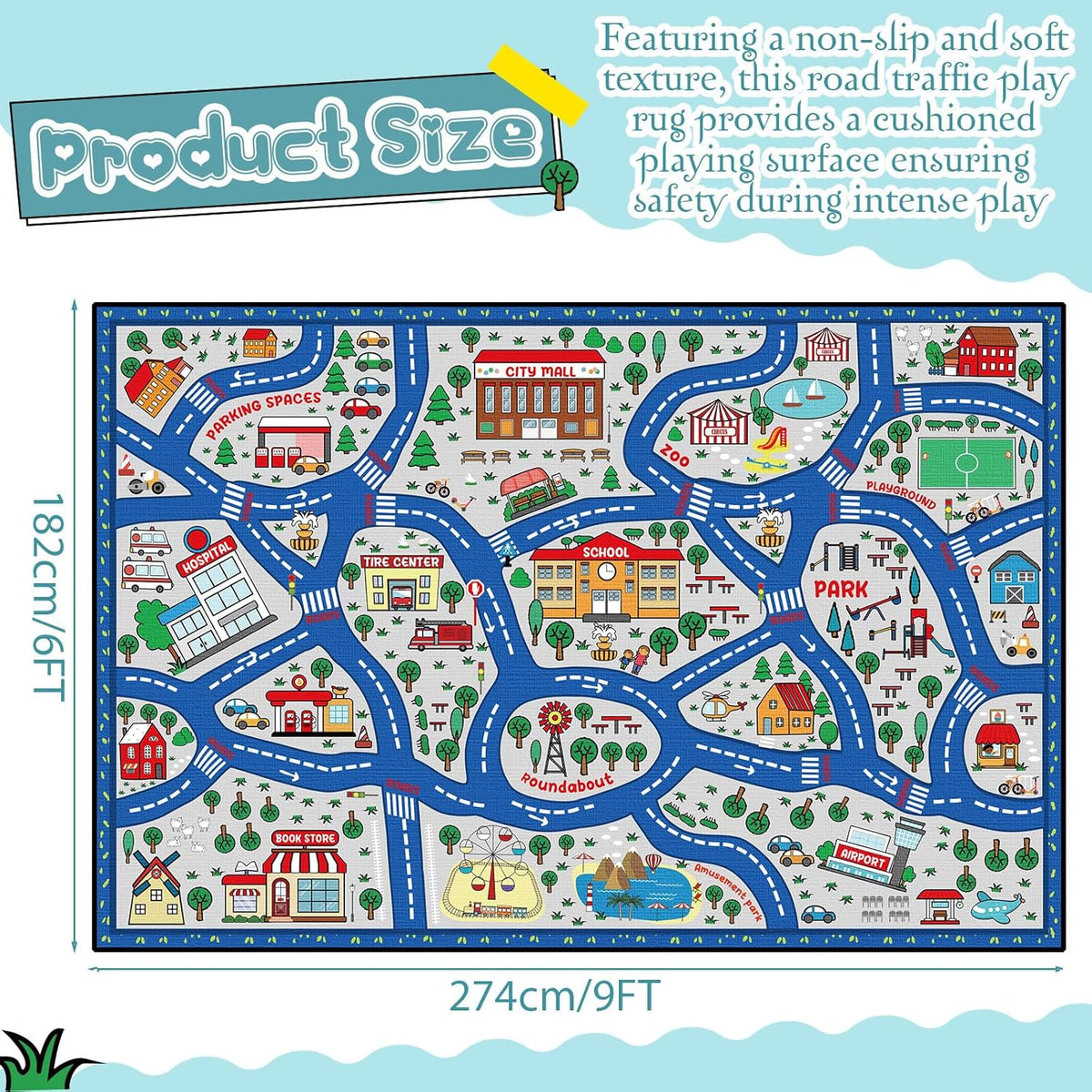 Kids Carpet Playmat Rug Player Car Rug,City Life Traffic Road Map Mat Educational Game Area Rug for