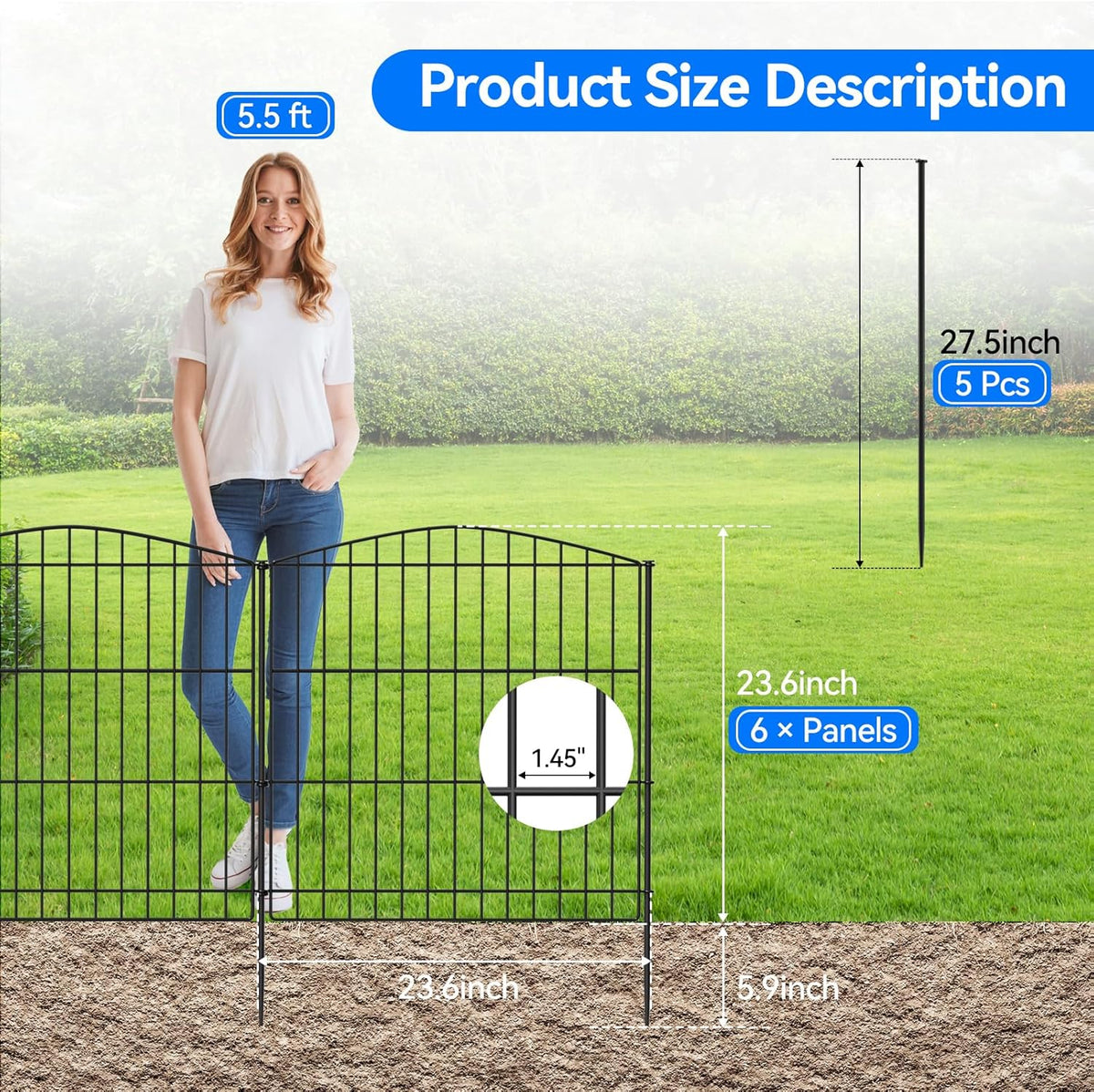 INJOPEXI Garden Fence 6 Panels 11.8ft (L)×24in (H) Decorative Garden Fence with 6 Panels Rustproof