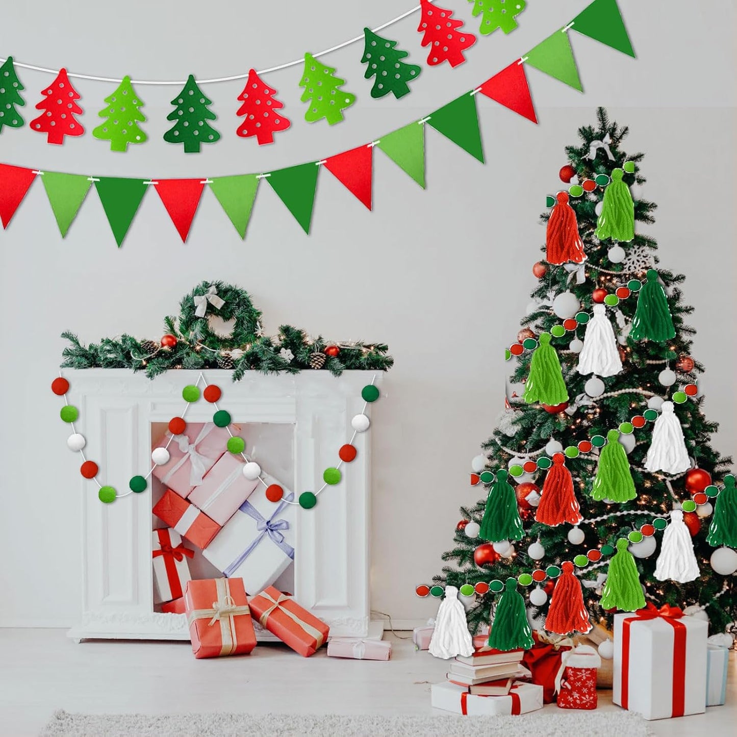4 Pcs Christmas Tassel Garlands, 9.8 Feet Pom Pom Balls Garland Decor, Colorful Felt Fabric Pennant