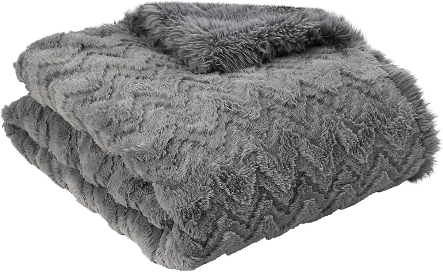 Mon Chateau Grey 3D Jacquard Faux Fur Throw, Plush Luxury Blanket for Couch, Sofa, or Bed, Soft