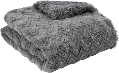 Mon Chateau Grey 3D Jacquard Faux Fur Throw, Plush Luxury Blanket for Couch, Sofa, or Bed, Soft