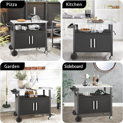 Grill Cart Table with Big Storage Cabinet, Movable Outdoor Dining Cart Pizza Oven Stand, Kitchen