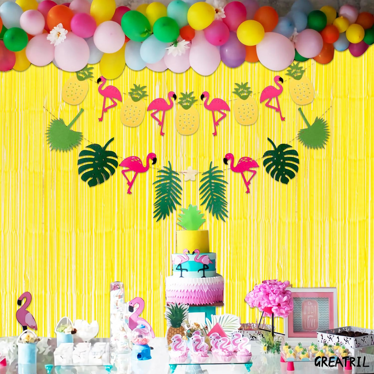 Yellow Streamers Party Backdrop - GREATRIL Foil Fringe for Pineapple/Lemon/Truck/Race Birthdays