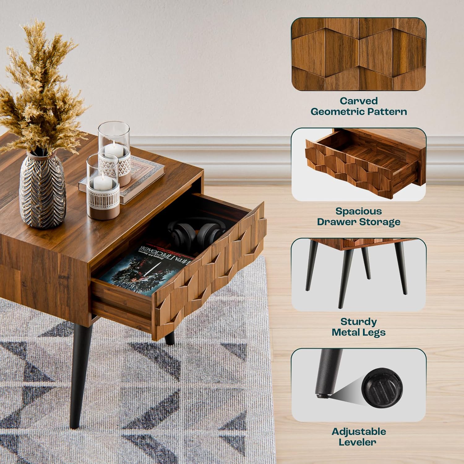 Bme Georgina Solid Wood Nightstands with Drawers - Fully Assembled Rustic Geometric Pattern Bedside
