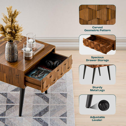 Bme Georgina Solid Wood Nightstands with Drawers - Fully Assembled Rustic Geometric Pattern Bedside