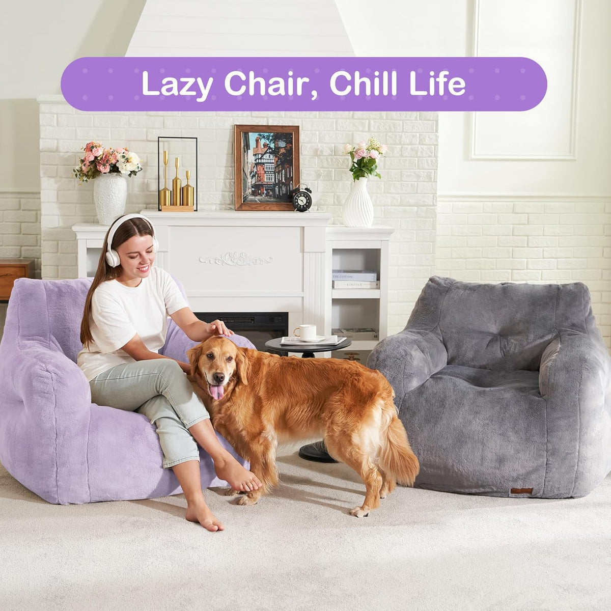 Hobestluk Bean Bag Chair for Adult Small Bean Bag Chairs with Arms Furry Beanbag Chair with Foam