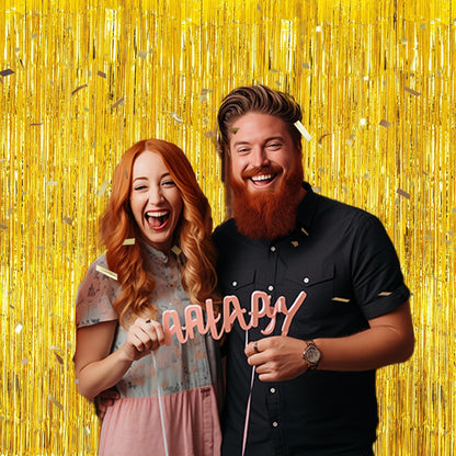 3 Pack Foil Fringe Backdrop - Laser Gold Shiny Tinsel Curtains for Party Decoration/Photo Booth