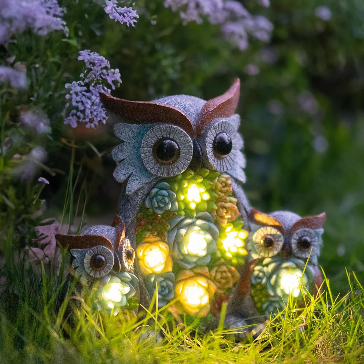 Solar Garden Statue Lights Owl Figurine with LED Lights, Outdoor Garden Succulent Ornaments