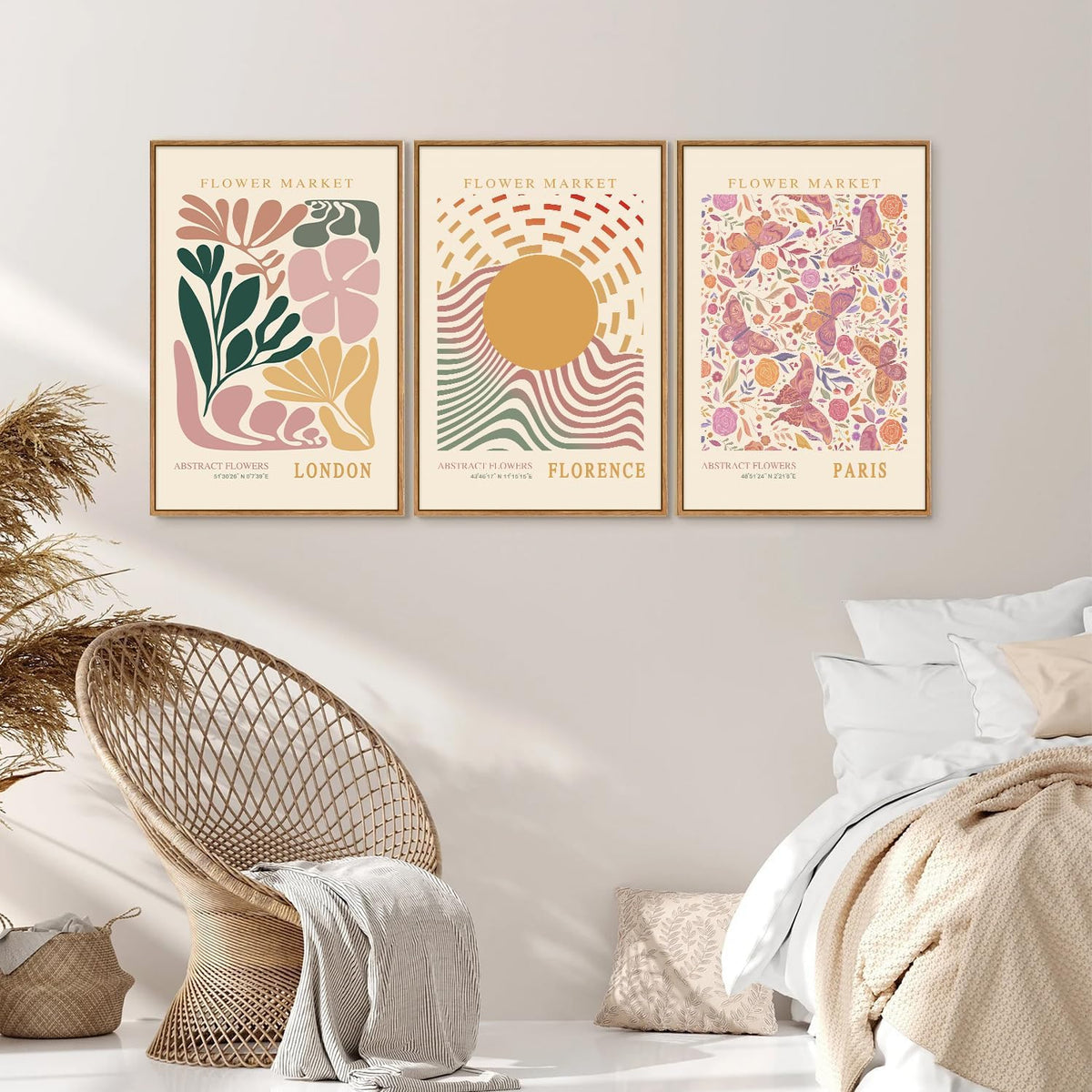 Tinonedraw Boho Flower Market Framed Canvas Wall Art Set, Pink Beige Cute Butterfly Wall Decor