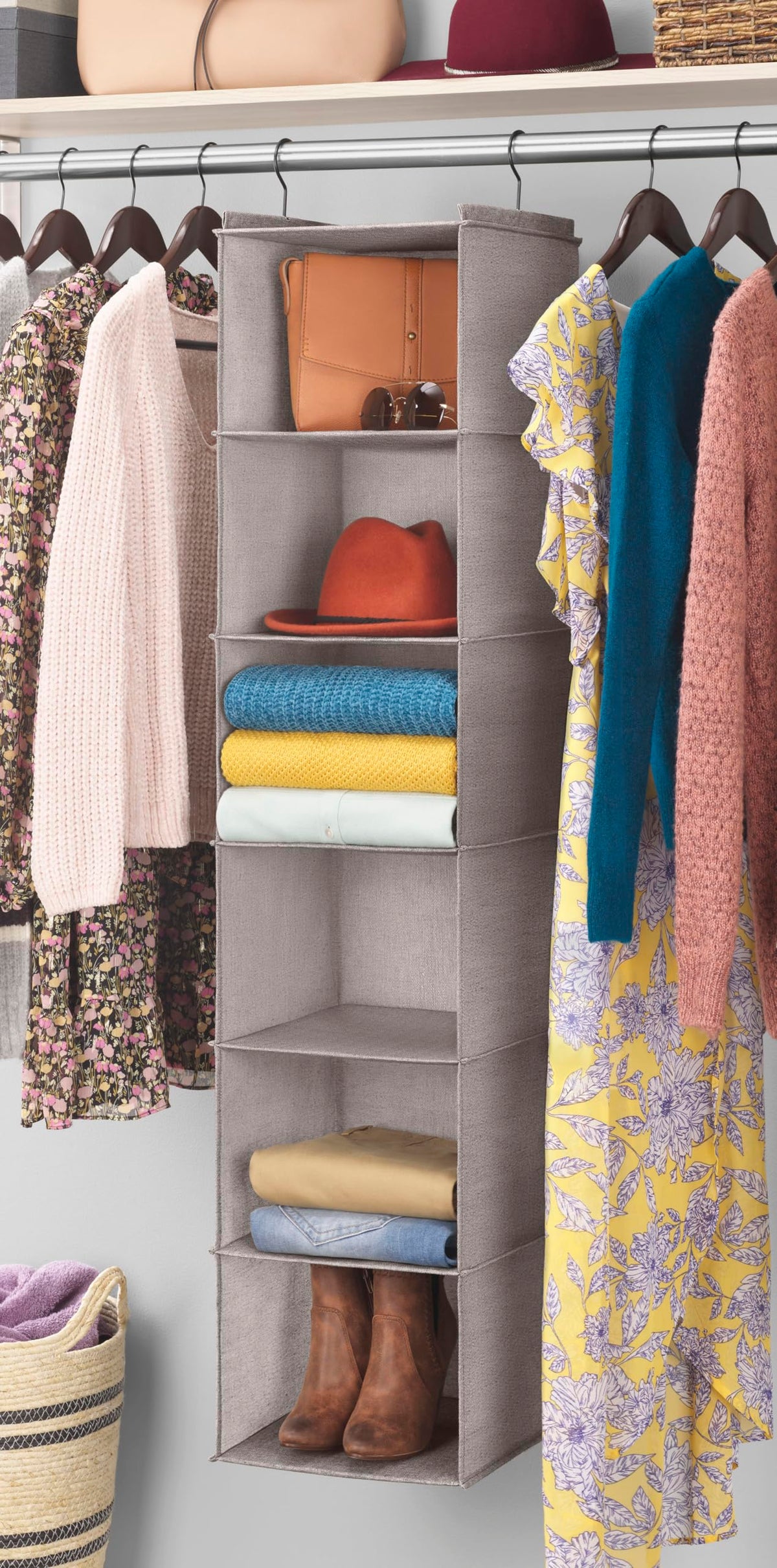 Whitmor Hanging Accessory Shelves - 6 Section Closet Organizer - Light Grey
