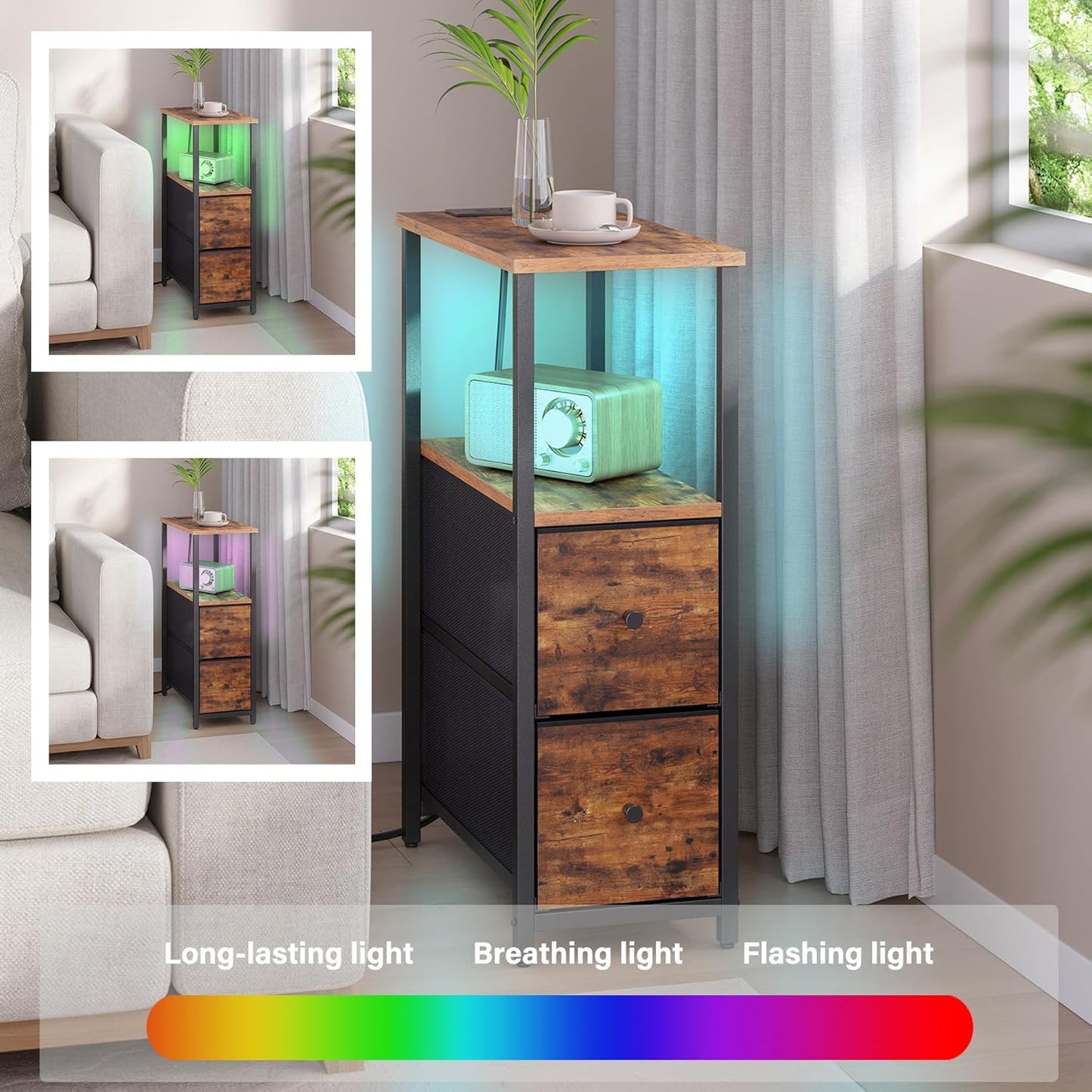 TUTOTAK Small Narrow LED End Table with Charging Station, Side Table Outlets, Nightstand with 2