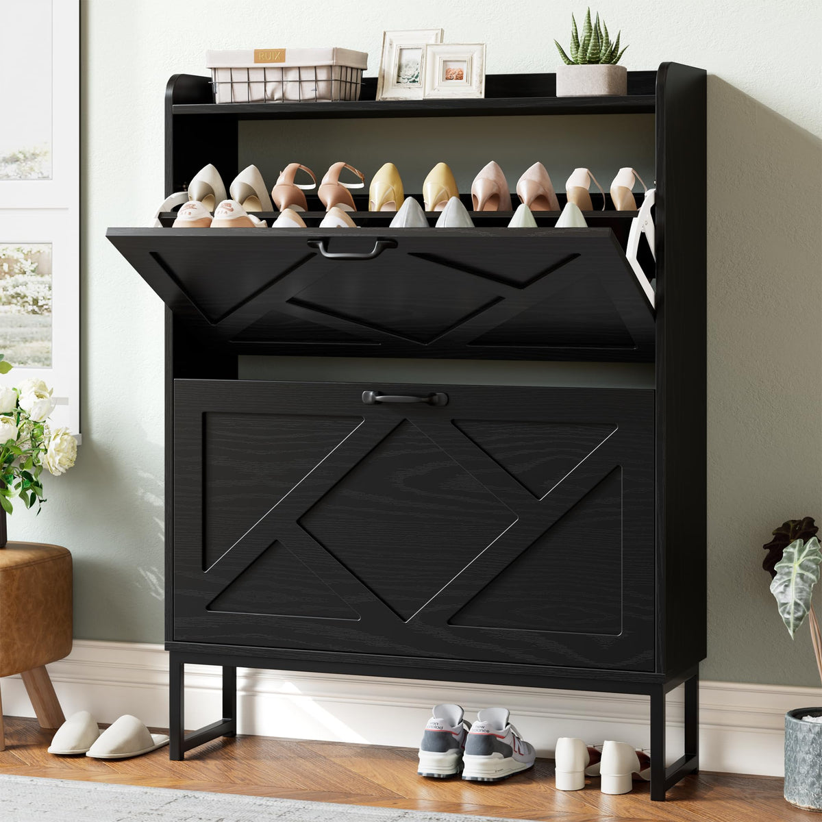 Nicetree Shoe Storage Cabinet with 2 Flip Drawers, Freestanding Shoe Organizer, Shoe Cabinet with