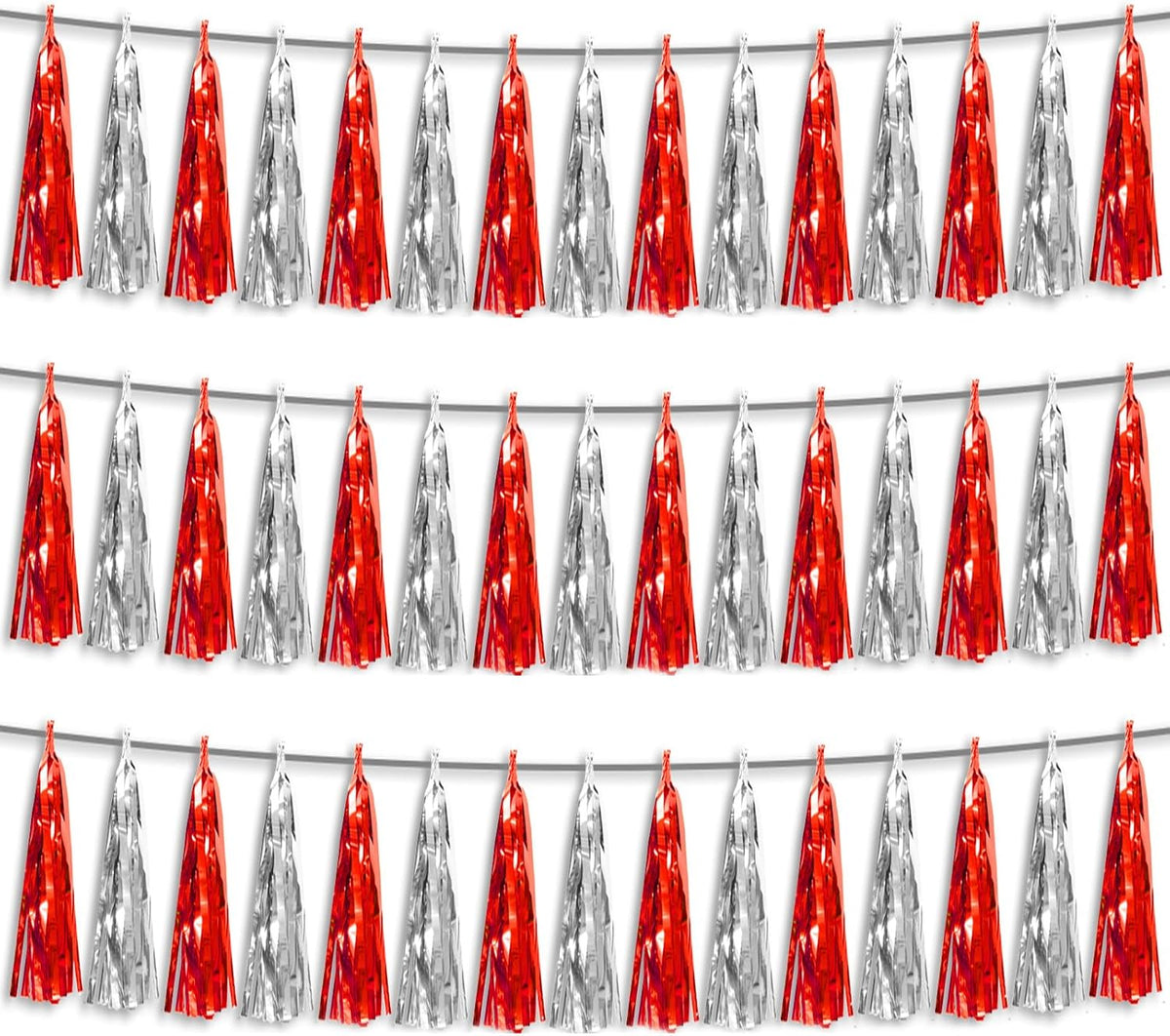 3P Red Silver Foil Fringe Metallic Tassel Streamers Banner Tassel Garland for Parade Floats