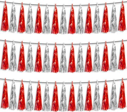 3P Red Silver Foil Fringe Metallic Tassel Streamers Banner Tassel Garland for Parade Floats