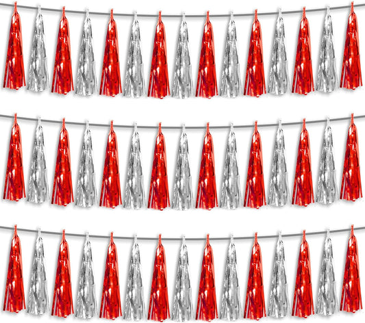 3P Red Silver Foil Fringe Metallic Tassel Streamers Banner Tassel Garland for Parade Floats