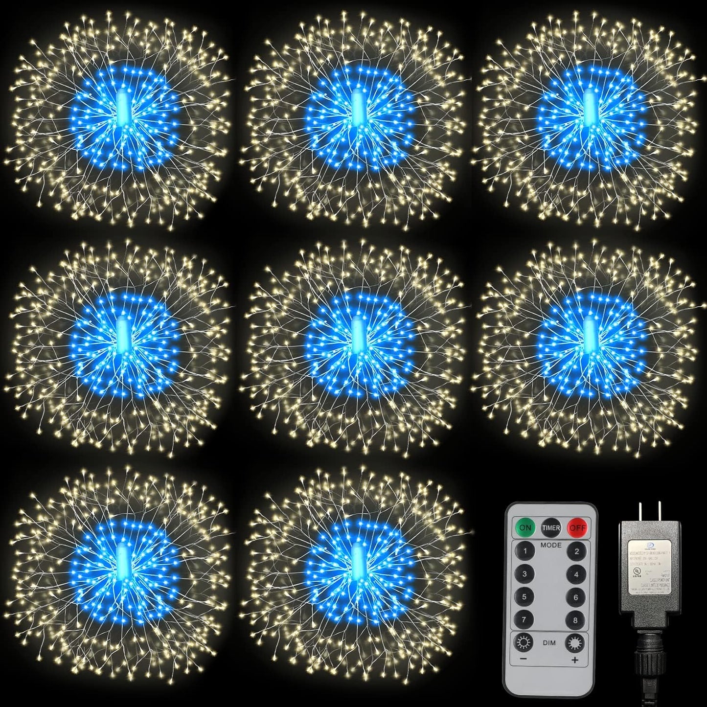 8 Pack Firework Lights 180 Led Copper Wire with 8 Models Power Supply Remote Control Waterproof
