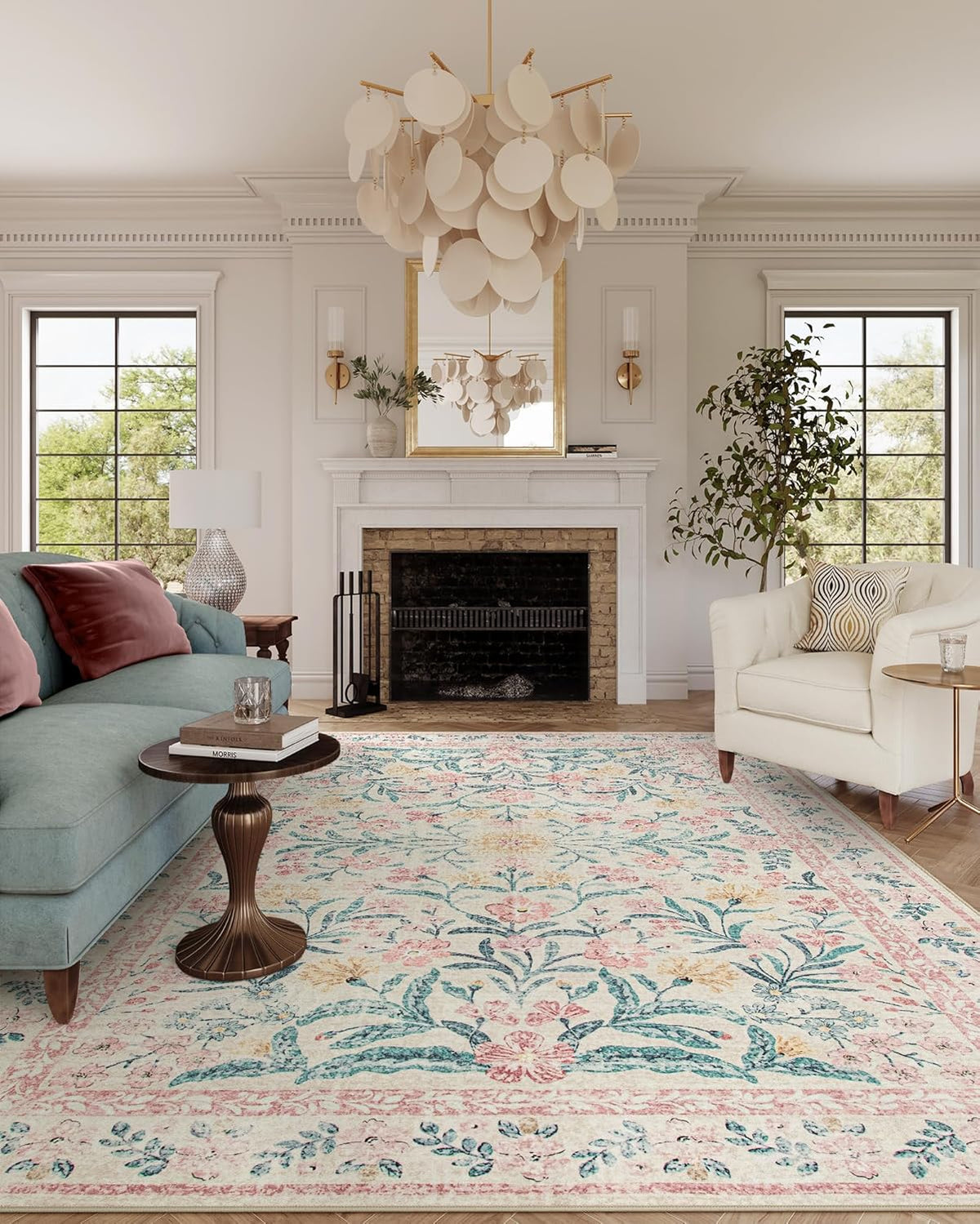 Wonnitar Machine Washable 10x14 Area Rugs, Large Living Room Rug Floral Pink and White Carpet, Boho