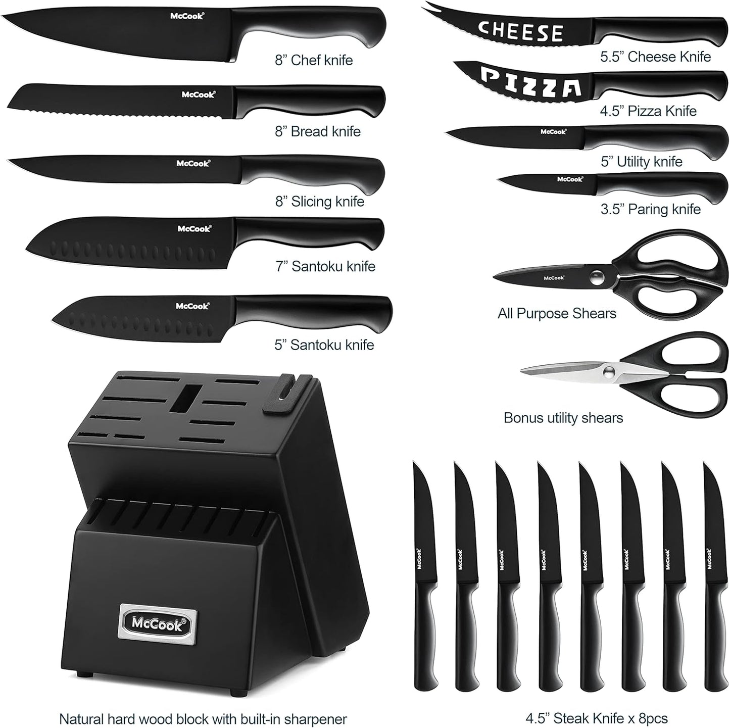 McCook® Premium Black Knife Sets,German Stainless Steel Kitchen Knives Block Set with Built-in