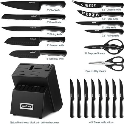 McCook® Premium Black Knife Sets,German Stainless Steel Kitchen Knives Block Set with Built-in