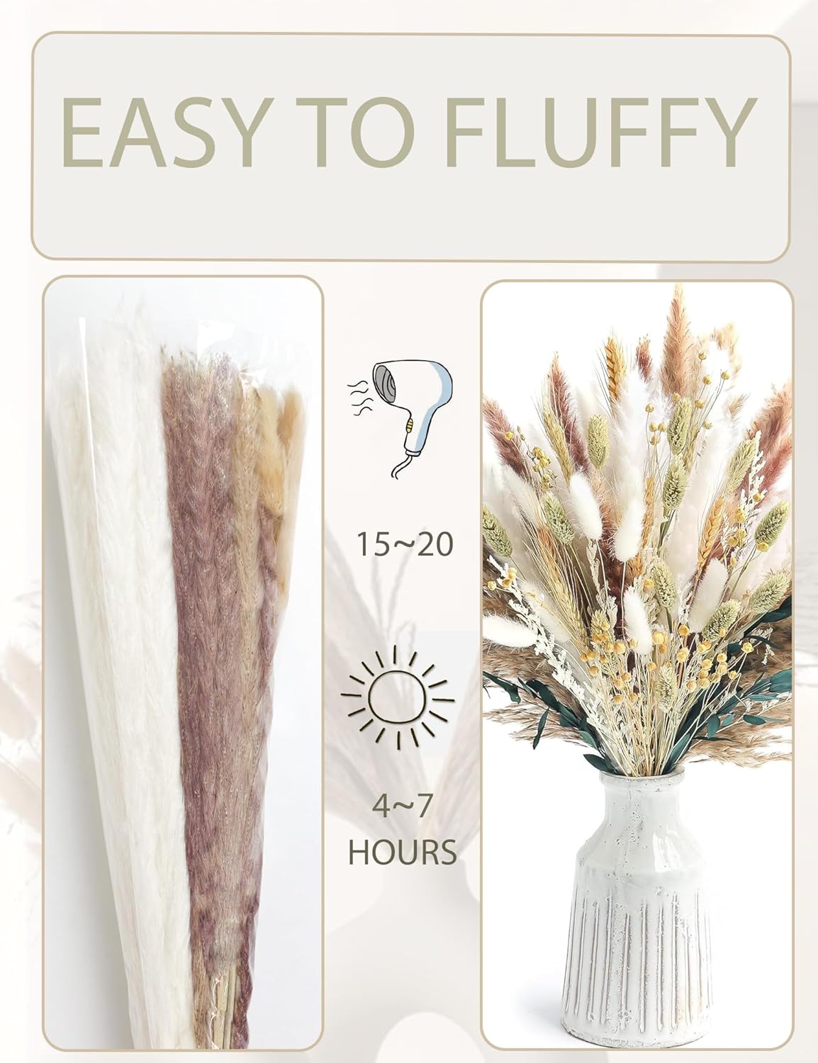 126pcs Dried Pampas Grass Decorations, Dried Flowers, Dried Bouquet in Vase, Reed Grass Bouquet for