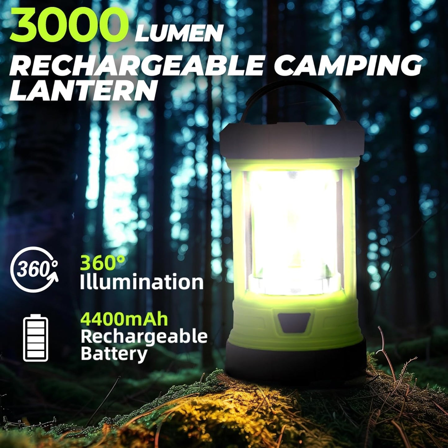 Rechargeable Camping Lantern, 3000LM 5 Light Modes Camping Light 4400 Capacity Phone Charger LED