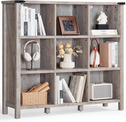 9 Cube Bookcase, Farmhouse 47 Inch Wide Grey Oak Bookshelf, Wooden 3 Tier Display Large Open Book