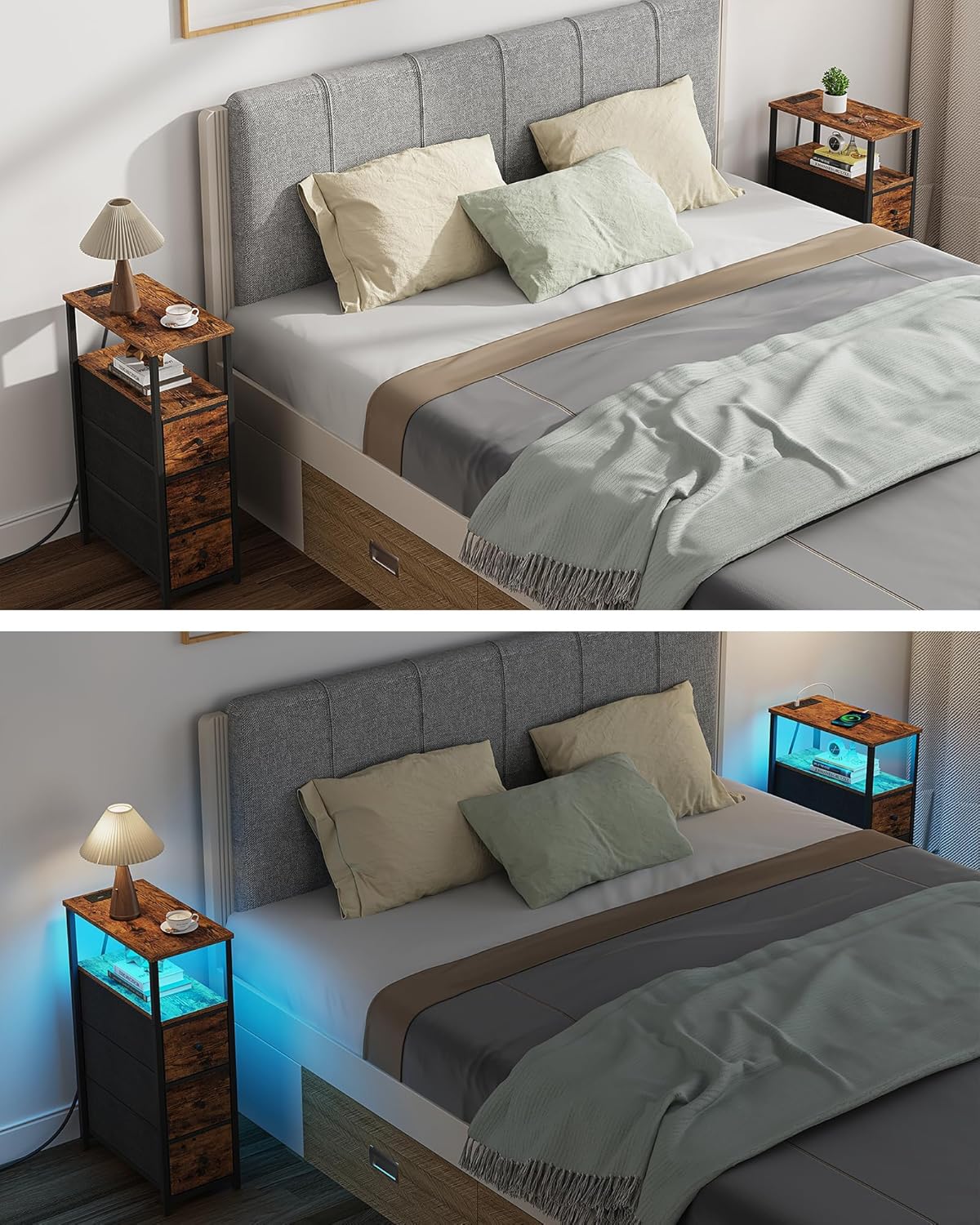 TUTOTAK Narrow LED Night Stand with Charging Station, Slim End Table with Plugins, Tall Side Table