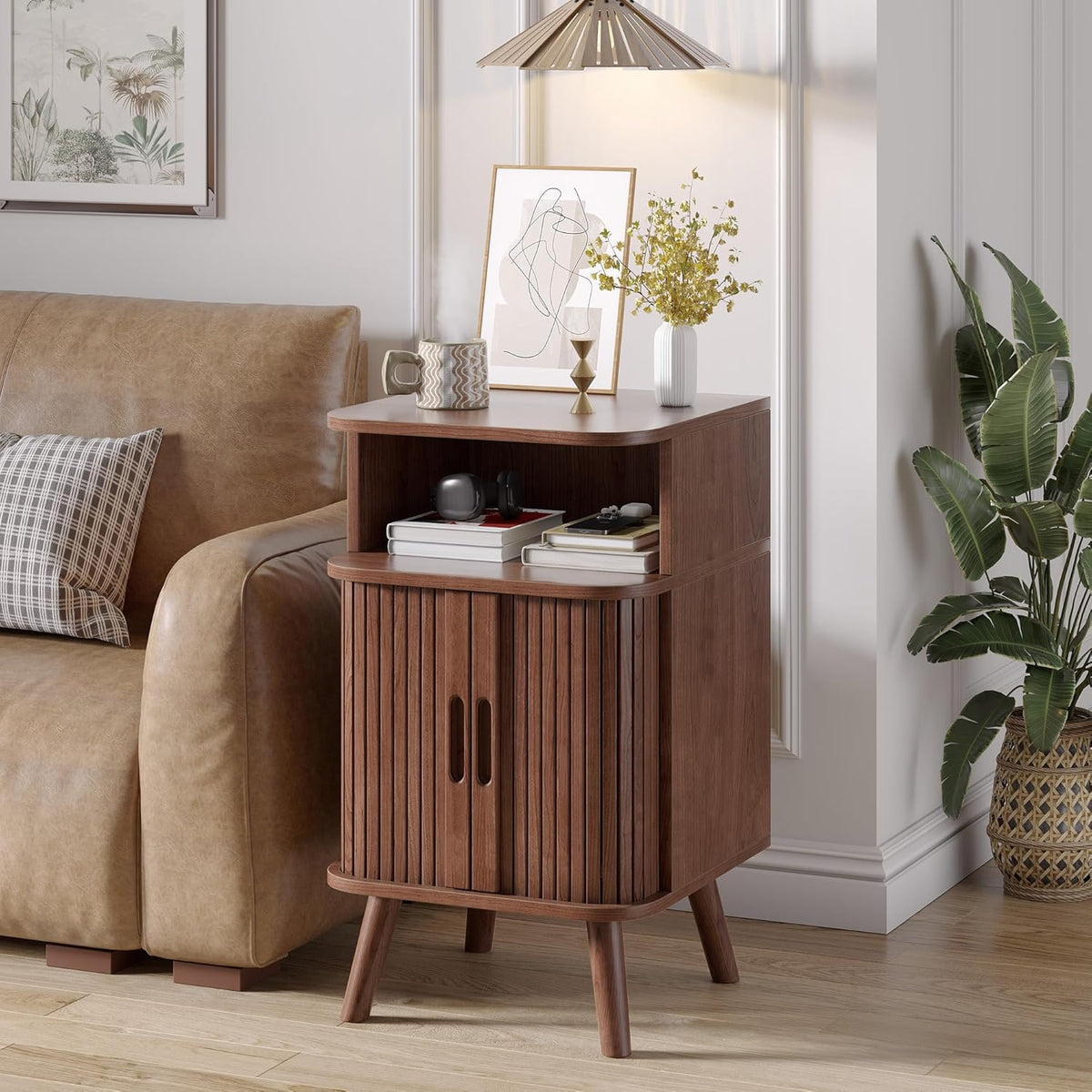 Alohappy Mid Century Modern End Table with Sliding Tambour Door, Fluted Wood Nightstand, Curved