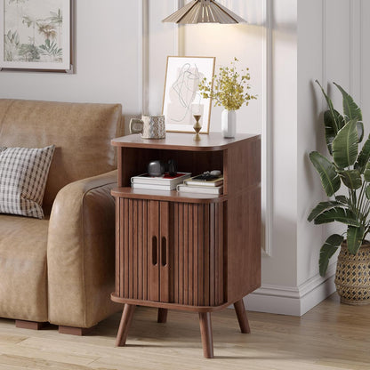 Alohappy Mid Century Modern End Table with Sliding Tambour Door, Fluted Wood Nightstand, Curved