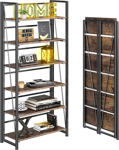 4NM No Assembly Foldable Bookshelf, 6-Shelf Collapsible Bookcase Storage for Small Spaces, 74" H